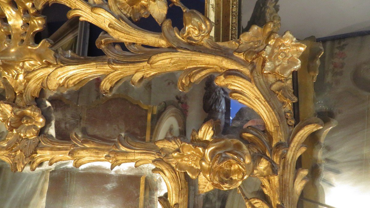 Grande Glace Miroir En Bois et stuc Doré A Décor De Feuillages A Pares Closes Epoque 1830  Fronton-photo-3