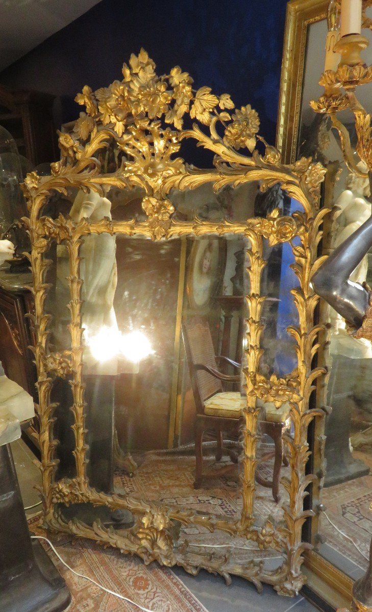 Grande Glace Miroir En Bois et stuc Doré A Décor De Feuillages A Pares Closes Epoque 1830  Fronton