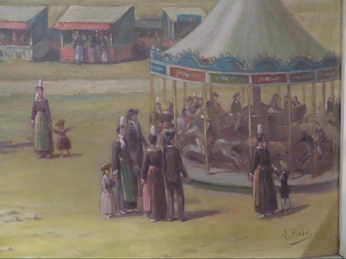 Bel Ancien Grand Tableau Naïf  Breton Fete Foraine Sur Une Plage Bretonne Bigoudene Signé Robi -photo-3