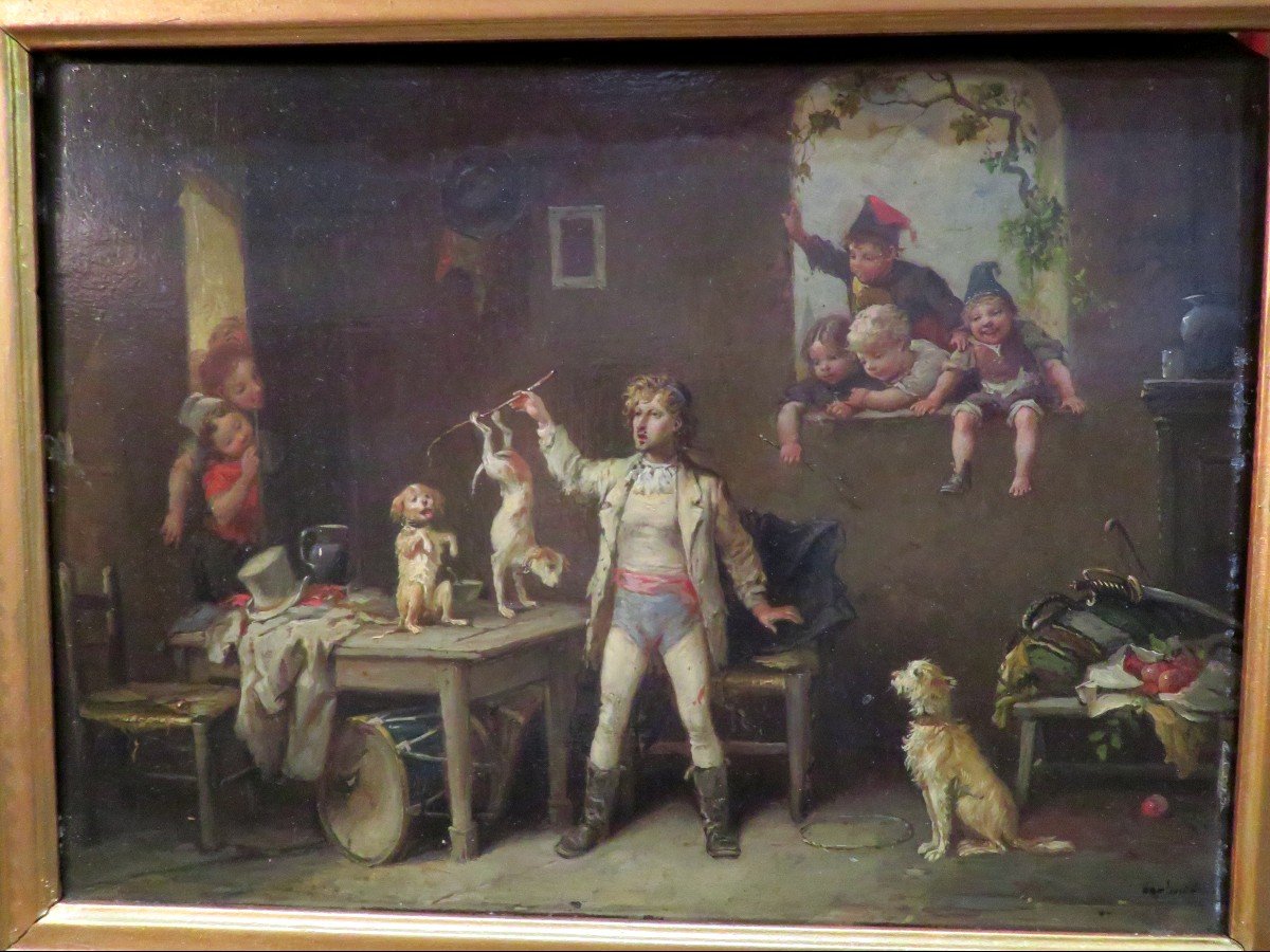 Tableau Huile Sur Bois Le Dresseur De Chiens Cirque  Par francois  lanfant De Metz  Epoque XIXe-photo-2