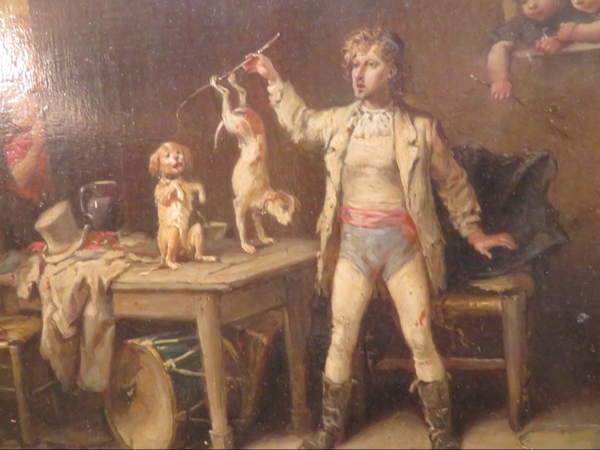 Table Oil On Wood The Circus Dog Trainer By Francois Lanfant From Metz Epoque Nineteenth-photo-1