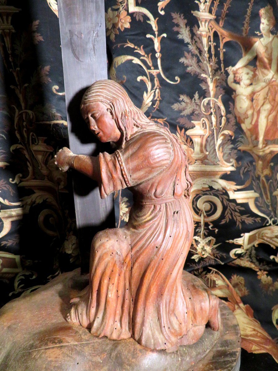 Lamentation Christ Marie Madeleine In Wood Crucifix Poignant Work Folk Art Debut 19th-photo-2