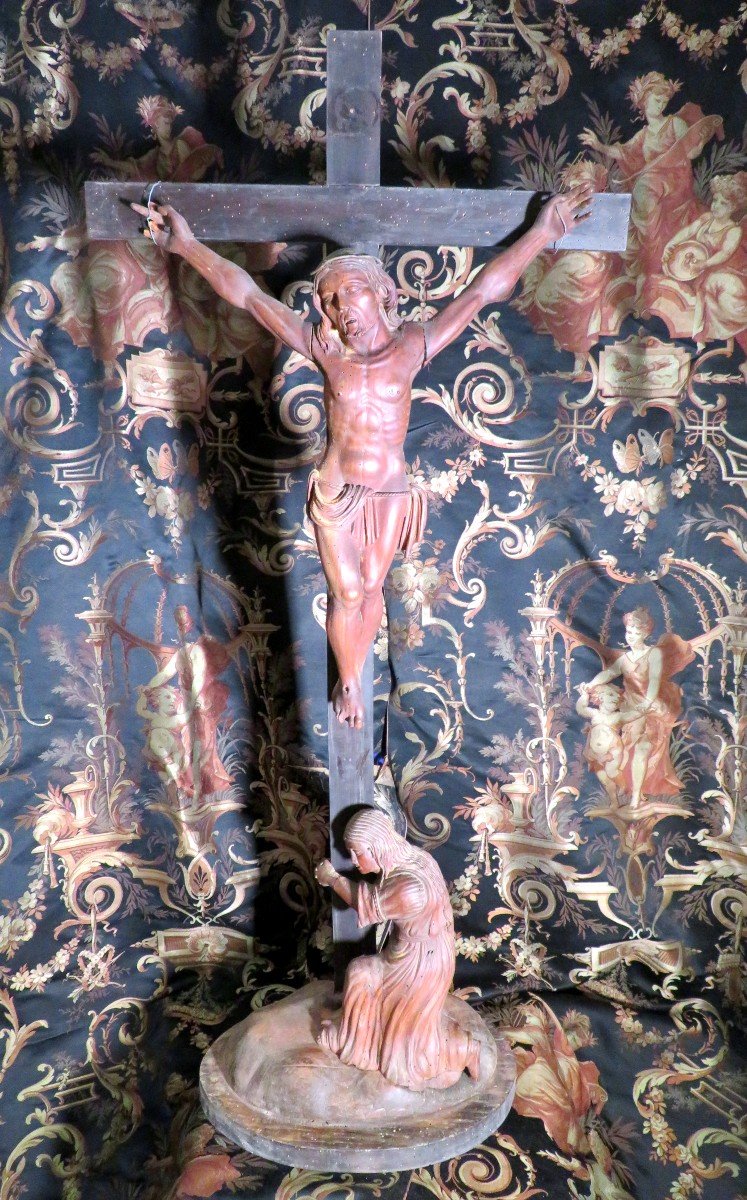 Lamentation Christ Marie Madeleine In Wood Crucifix Poignant Work Folk Art Debut 19th