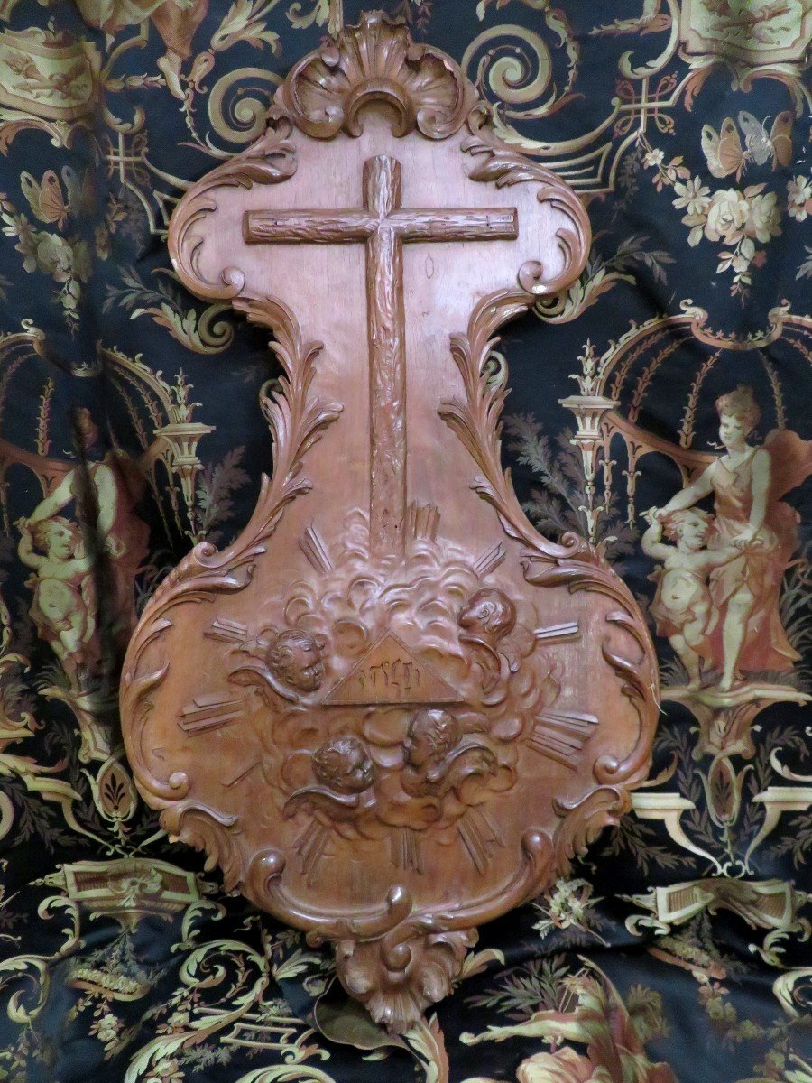 Gloire En Noyer En Noyer Sculpté D Angelots En Nuée XIXe  Crucifix Art Religieux