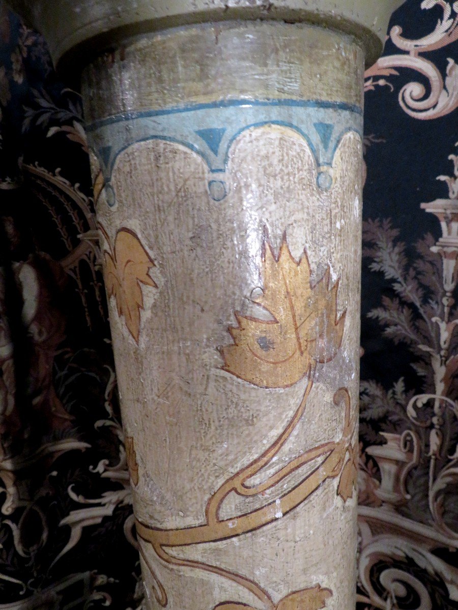 Paire De Colonnes Art Religieux XIXe  Style Roman  Decor D Enroulement De Vigne  En Bois Peint-photo-2