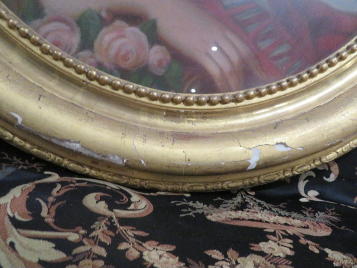 Bel Ancien Grand Tableau Ovale Portrait De Jeune Fille Pastel époque XIXe marchande  fleurs-photo-2