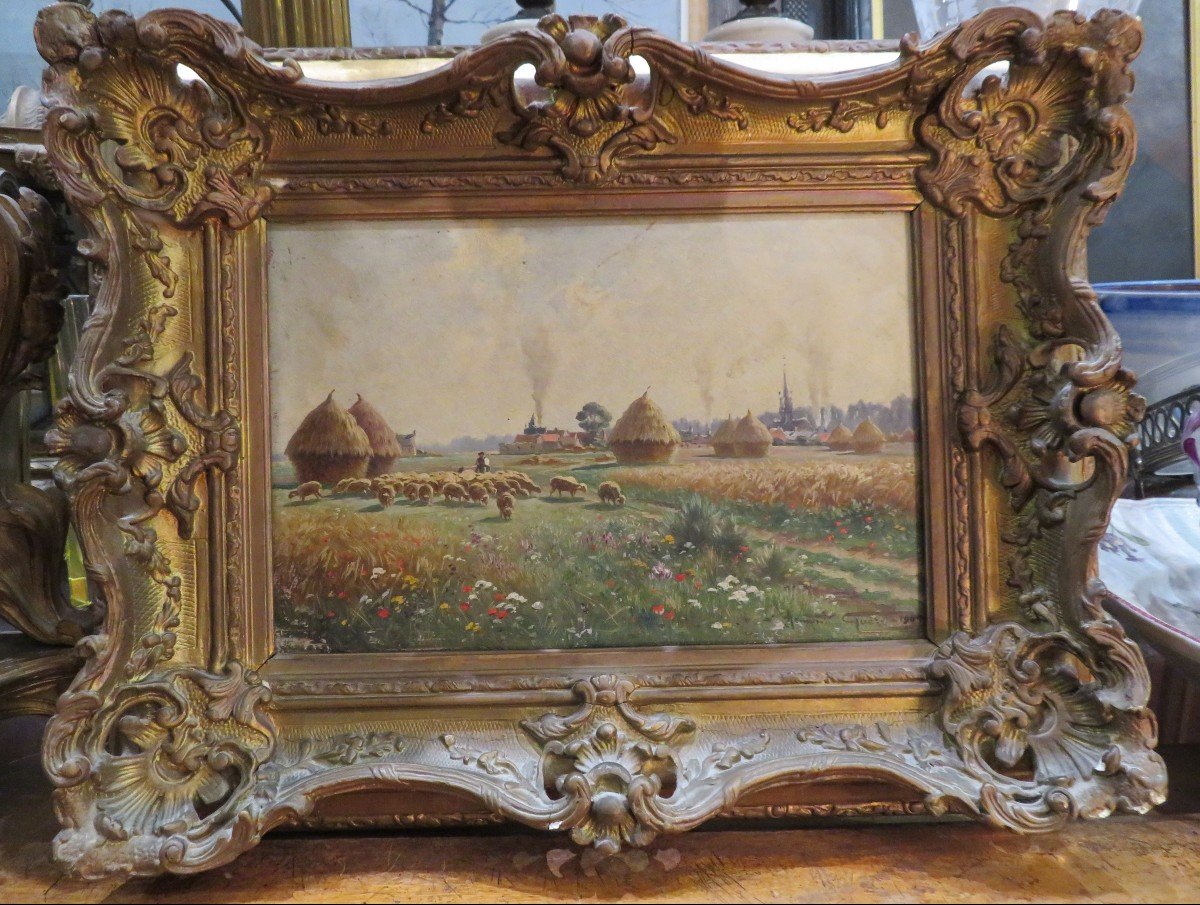Tableau Huile Sur Bois Par Armand Guery 51 Pontgivart Le Matin Troupeau De Moutons XIXe