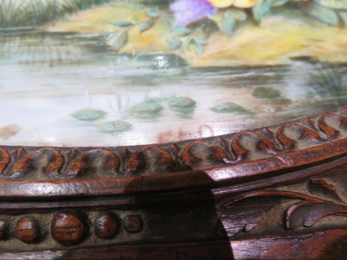 Rare Paris Fichet Box Nineteenth Napoleon III Walnut Box Painted Swan Lake Porcelain Plate-photo-3