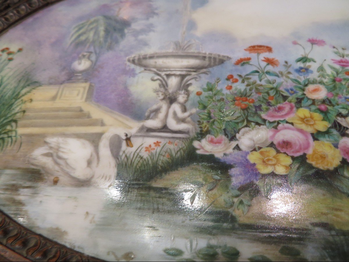 Rare Paris Fichet Box Nineteenth Napoleon III Walnut Box Painted Swan Lake Porcelain Plate-photo-5