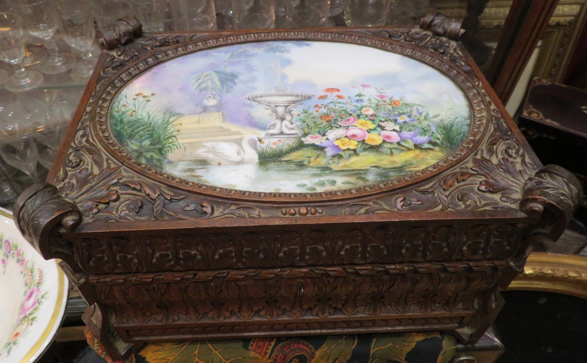 Rare Paris Fichet Box Nineteenth Napoleon III Walnut Box Painted Swan Lake Porcelain Plate
