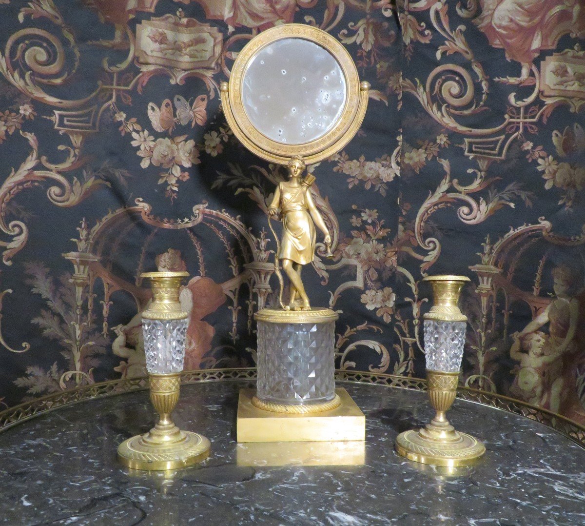 Psyche & Toilet Candlesticks In Bronze And Crystal Empire A Decor Of Diana The Huntress Nineteenth