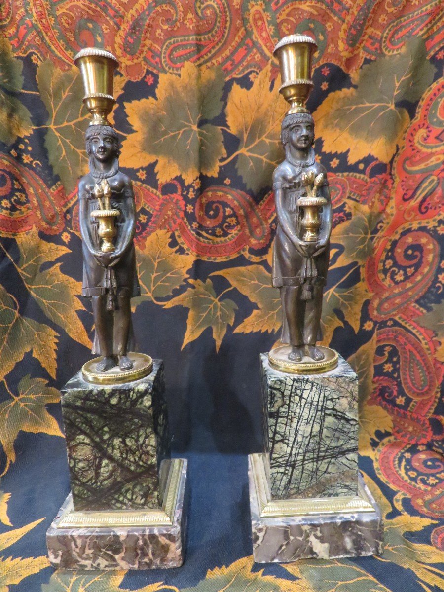 Pair Of Empire Period Candlesticks Return From Egypt Caryatids To The Medici In Bronze 2 Patinas