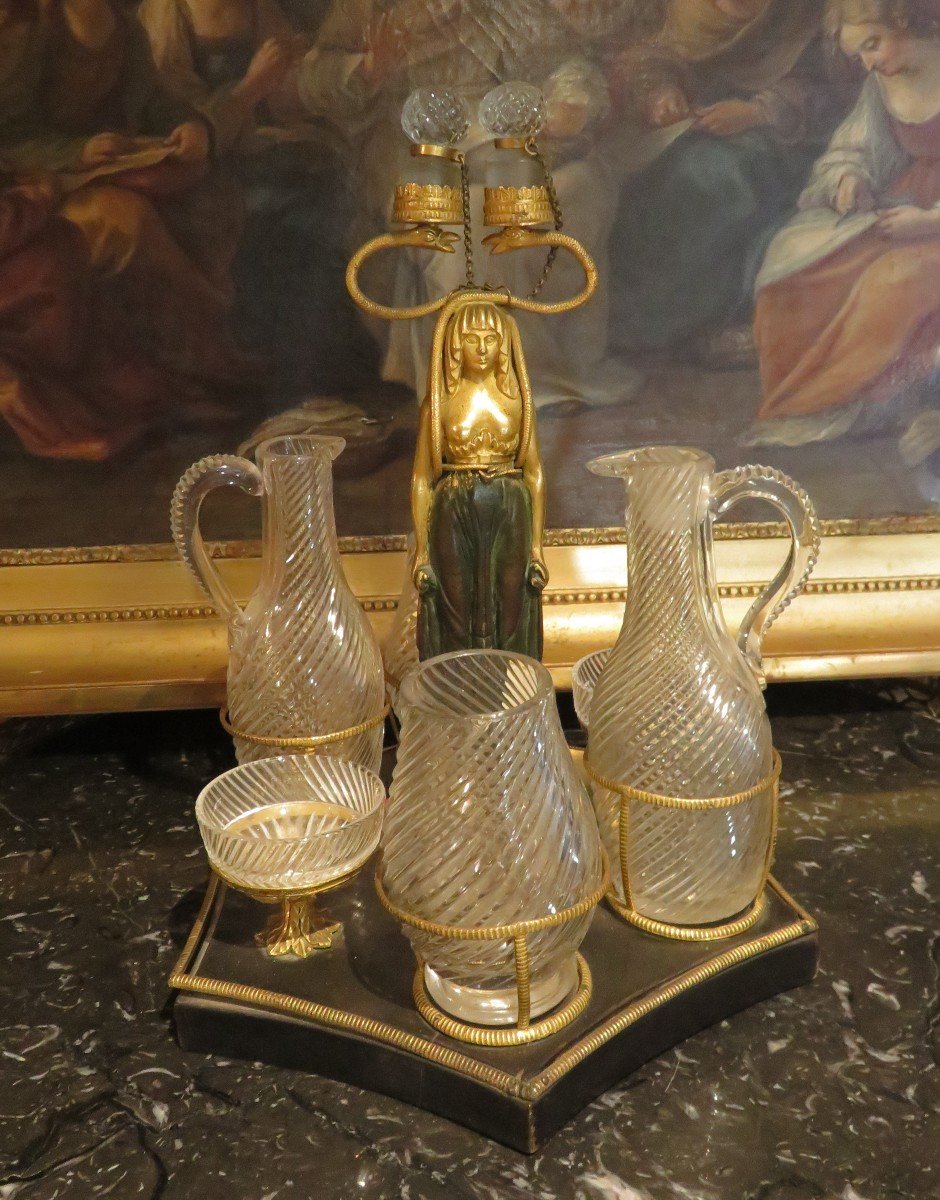 Old Cruet Vinegar Empire Period Back From Egypt Bronze And Golden Caryatids Crystal