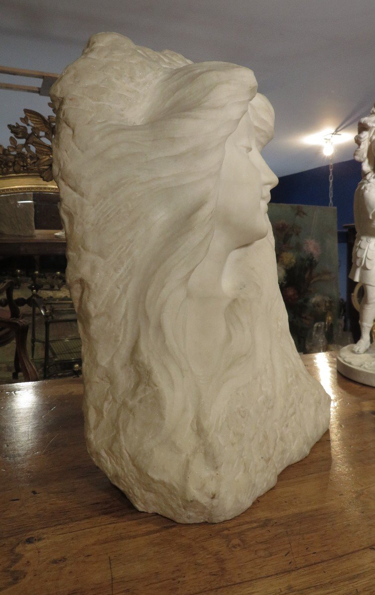 Carrara Marble Bust Sculpture Bas Relief Elegant Art Nouveau Period Signed Lebrun-photo-2
