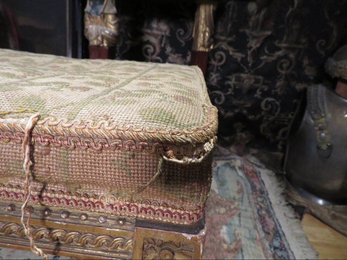 Petite Banquette  Repose Pied En Bois Doré époque Fin XVIIIe Louis XVI Tapissée -photo-2