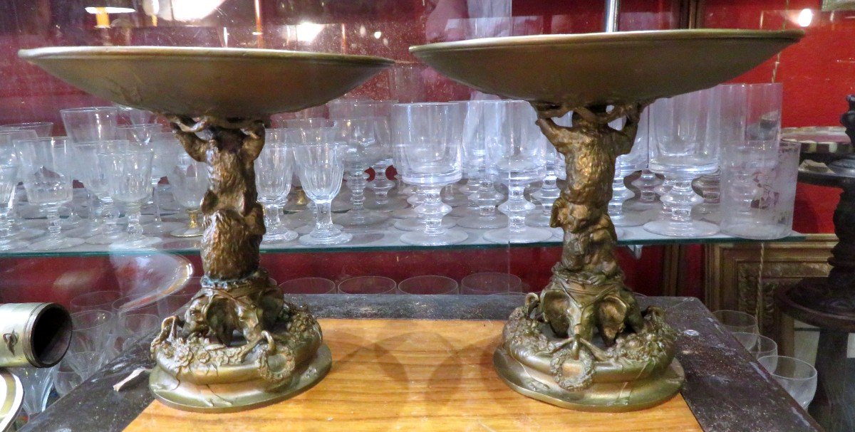 Paire De Coupe En Bronze Philippe Fratin En Bronze Ours Et Elephants Aigles XIXe Sculpture