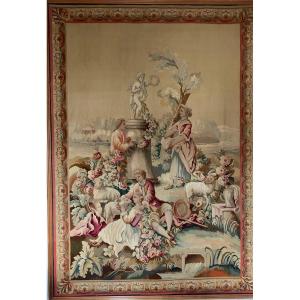 Ancienne Grande Tapisserie Encadrée D Aubusson Début XXe Scène Pastorale 