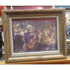 Ancien Tableau Pastel le Chef D Orchestre et ses musiciens Par Godien