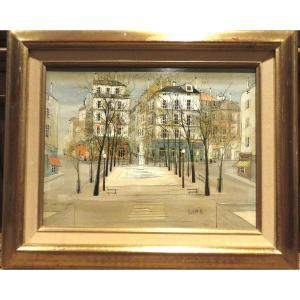 Table Oil On Canvas Georges Damin View Of A Parisian Square Around 1970 Paris