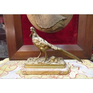 Old Animal Bronze Golden Rooster Pheasant / Sienna Marble By Trodoux Nineteenth