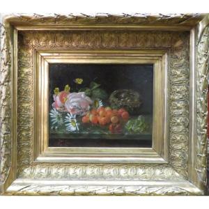 Old Nineteenth Painting Still Life Entablature With Fruits Flowers Oil On Cardboard Signed Small