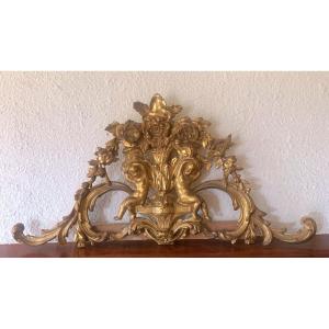 Old Pediment Top Door Mirror Cherubs In Wood And Golden Stucco Nineteenth Napoleon III Period