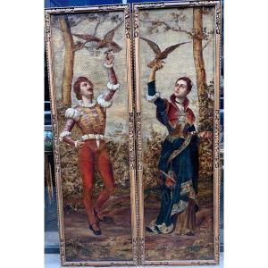 Pair Of Painted Panels On Cordoba Leather? Framed St Renaissance Falconers