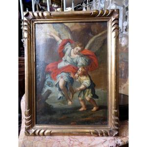 Ancien Tableau Huile Sur Toile Fin XVIIIe - XIXe L Archange  Raphael montrant la voie religieux