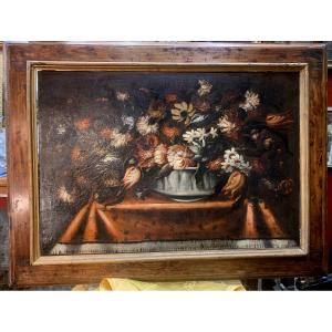 Ancien Grand Tableau Huile Sur Toile Nature Morte Entablement Floral XVIIe Restauré