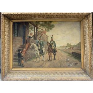 Large Oil On Canvas Military Painting Late 19th Century Horse Hunters Empire By Groulier.