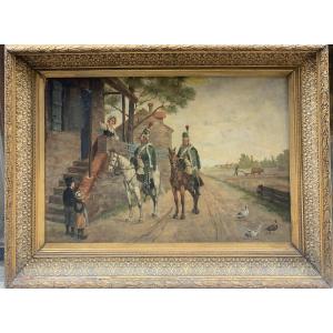 Grand Tableau Huile Sur Toile Militaire Fin XIXe Chasseurs A Cheval Empire par groulier.     