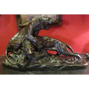 Old Large Animal Bronze Panthers Or Roaring Lionesses By E Drouot 19th Century