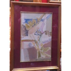 Watercolor Painting Still Life By Pierre Ambrogiani 20th Century Bouquet Of Flowers