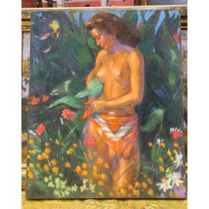 Old Degreased Pastel Painting Female Nude In Tahitian Style 1960s By Le Tord  