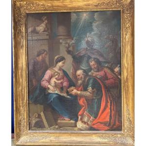 Large 18th Century Religious Painting Nativity Three Wise Men In The Ruins Of The Temple 