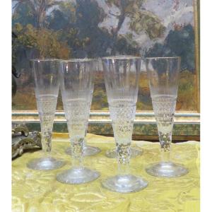 6 Beautiful Crystal Champagne Flutes Late 19th Century Le Creusot Or Baccarat Diamond Tip