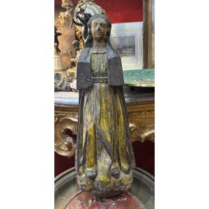 Virgin In Carved Wood 18th Century Resting On Angels Religious Statue 