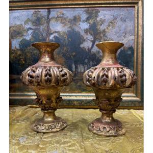 Pair Of Cassolette Urns Or Vases In Golden Wood 18th Century Religious 