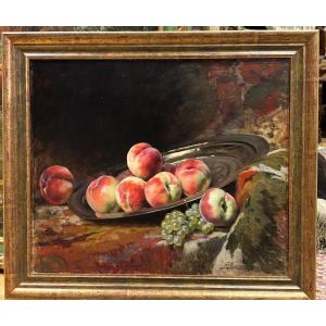 Ancien  grand Tableau Huile Sur Toile  nature morte entablement aux fruits par bonnardel 
