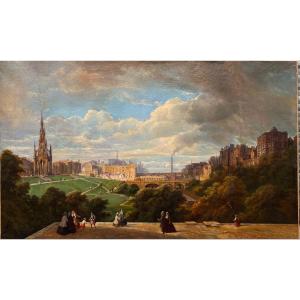 Large Painting Edinburgh Oil On Canvas 19th Century Scotland Panorama 