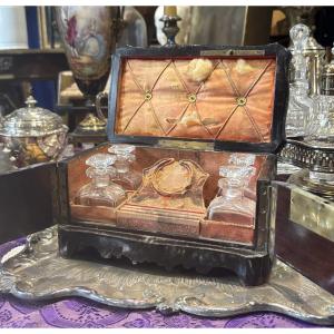 Antique Inkwell Watch Holder Box In Blackened Wood And Boulle Marquetry 19th Century Napoleon III 
