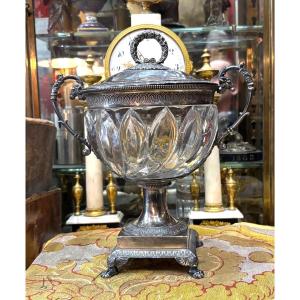 Grand drageoir XIXE en argent massif  et cristal creusot décor de bélier et palmettes  garantie