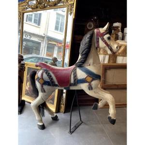 Old Wooden Carousel Horse With Sulphide Eyes And Horsehair Tail, Fairground Art 