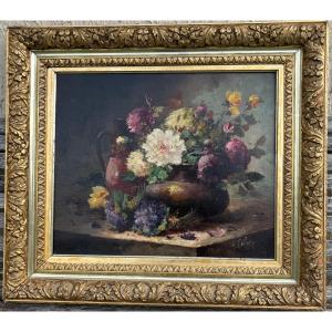 Tableau huile sur toile nature morte époque 1900 bouquet de fleurs anémones signé 