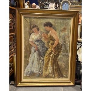 Giuseppe mastellaro 1950 grand tableaux d élégantes huile sur toile sous verre 