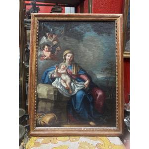 18th Century French School Virgin And Child Oil On Canvas Cherubs