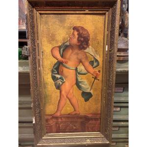 Tableau Angelot Cupidon Début XIXe Oil On Canvas Marouflaged On Wood On Gilded Ground