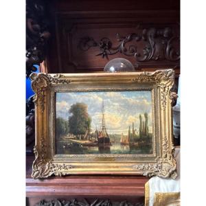 Louis Léonce Bucquet huile sur toile petit port aux environs de Rouen marine au trois mâts 
