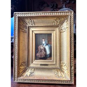 P cellier tableau huile sur panneau servante au billet doux scène romantique XIXe 