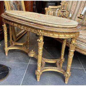 Banquette bois doré XIXe de style LXVI cannée et coussins tapisserie d aubusson Napoléon 3